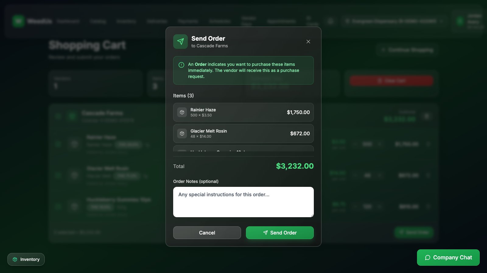 Send order confirmation window
