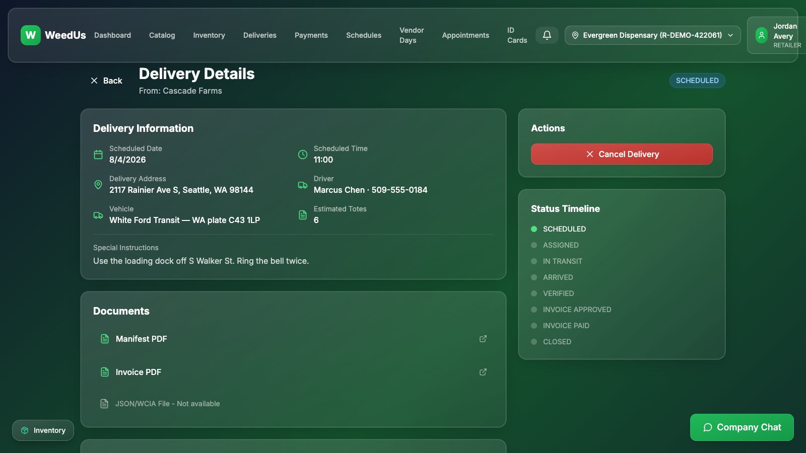 Upcoming delivery detail with documents and driver info
