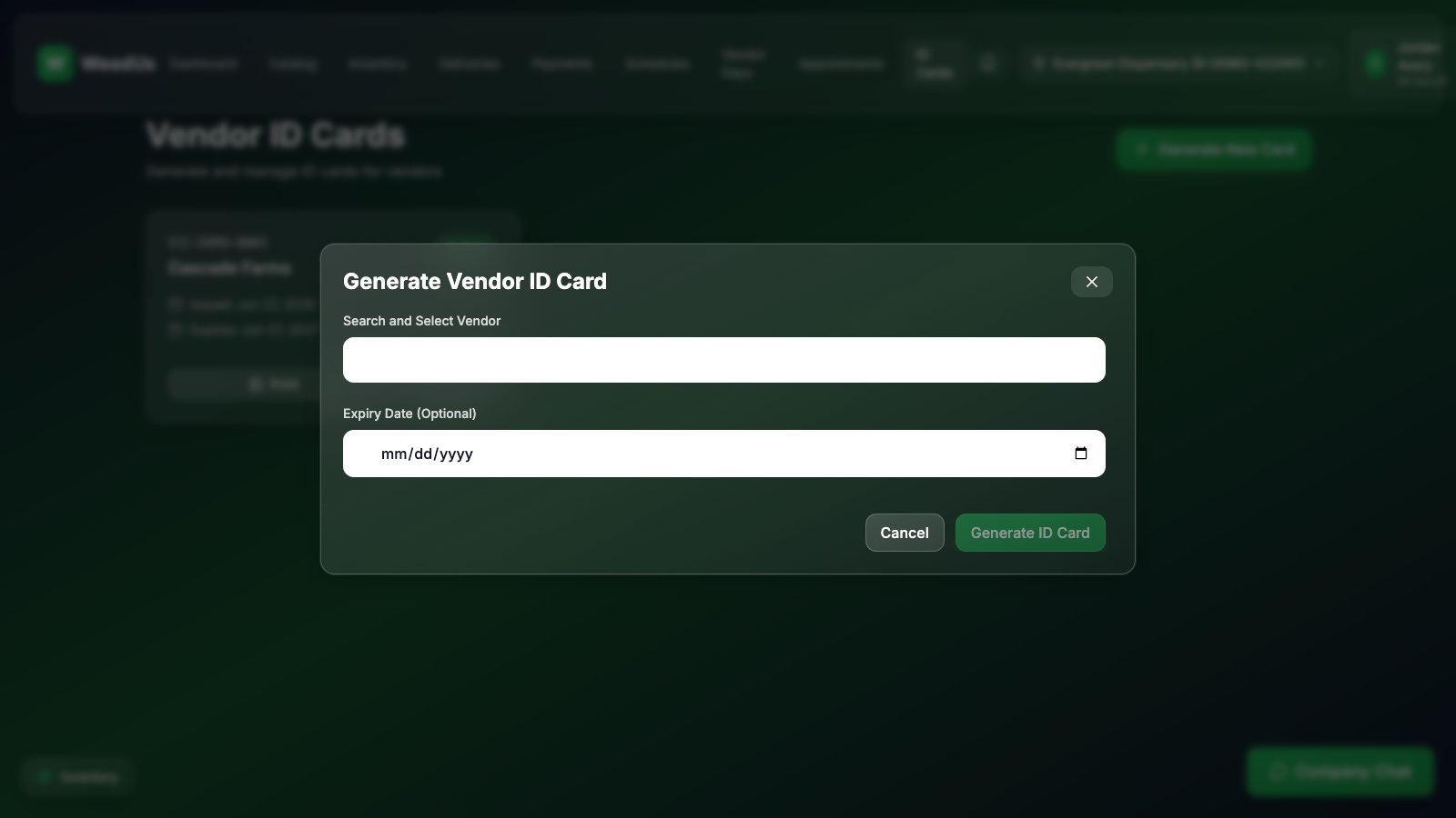 Generate vendor ID card dialog