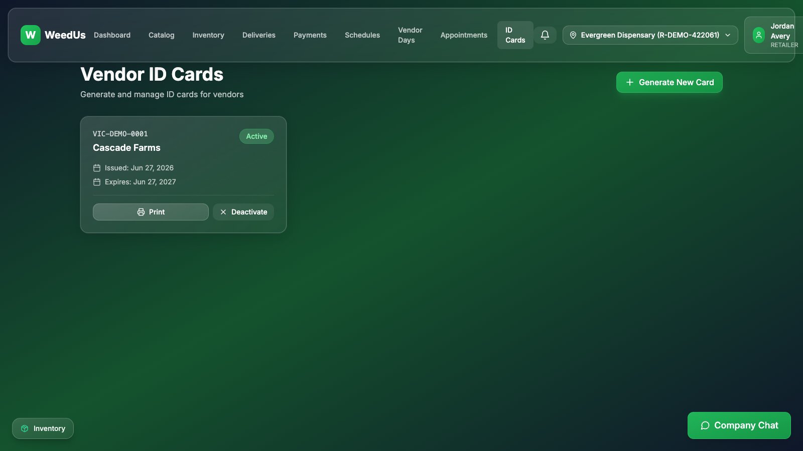 Vendor ID cards page