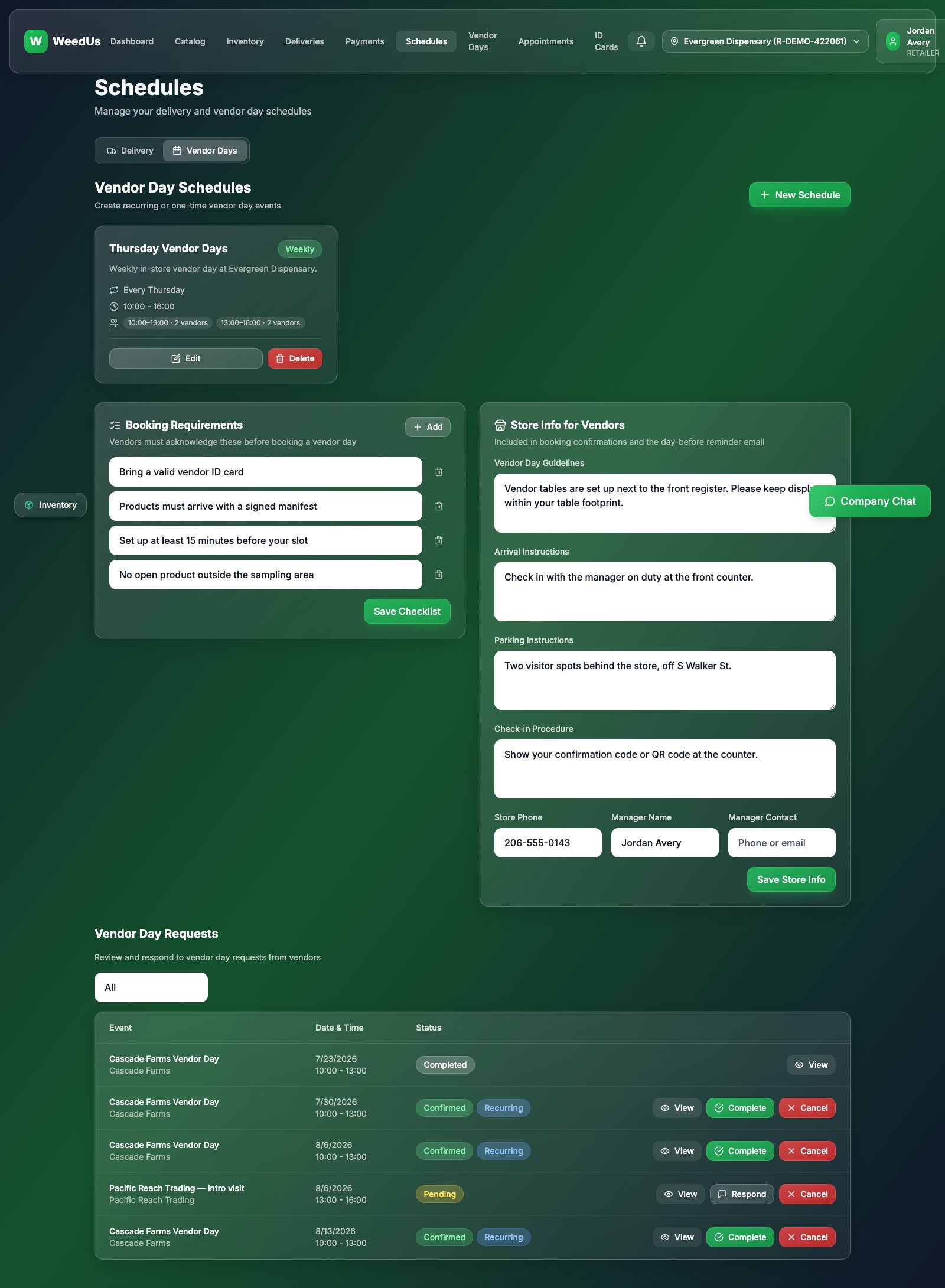 Vendor day schedule, checklist, and settings managers