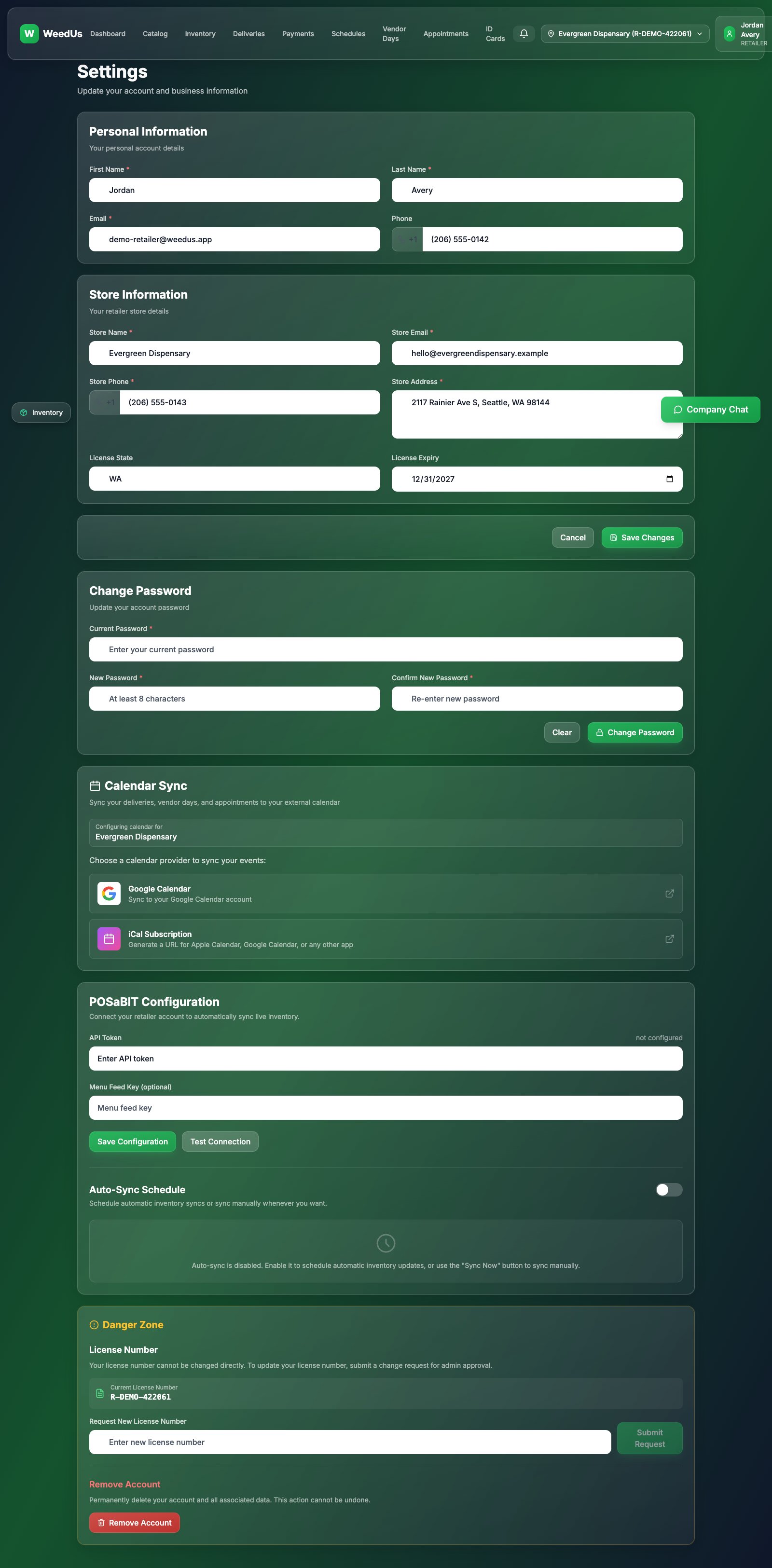 Settings page including the POSaBIT configuration form