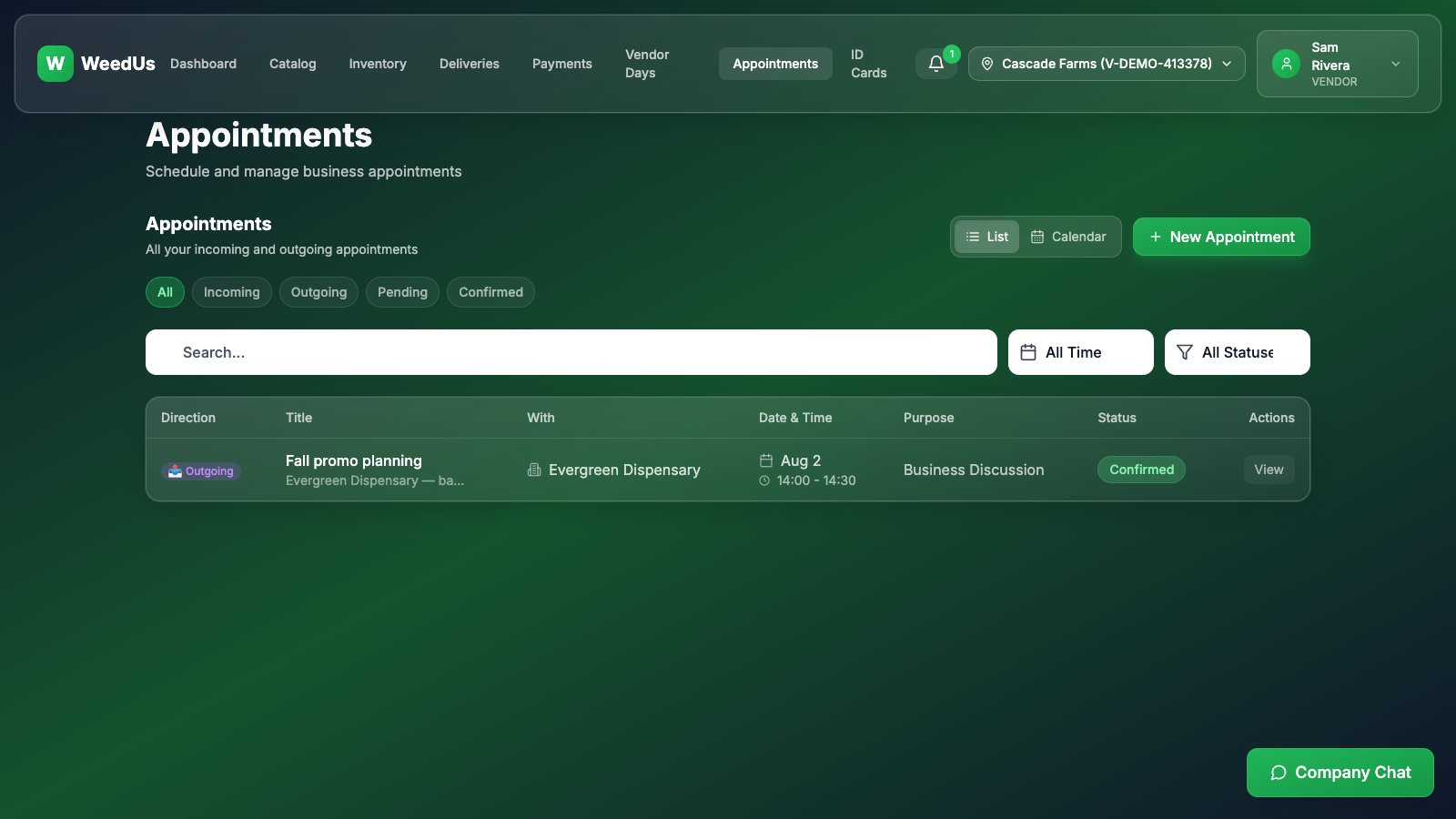 Vendor appointments page
