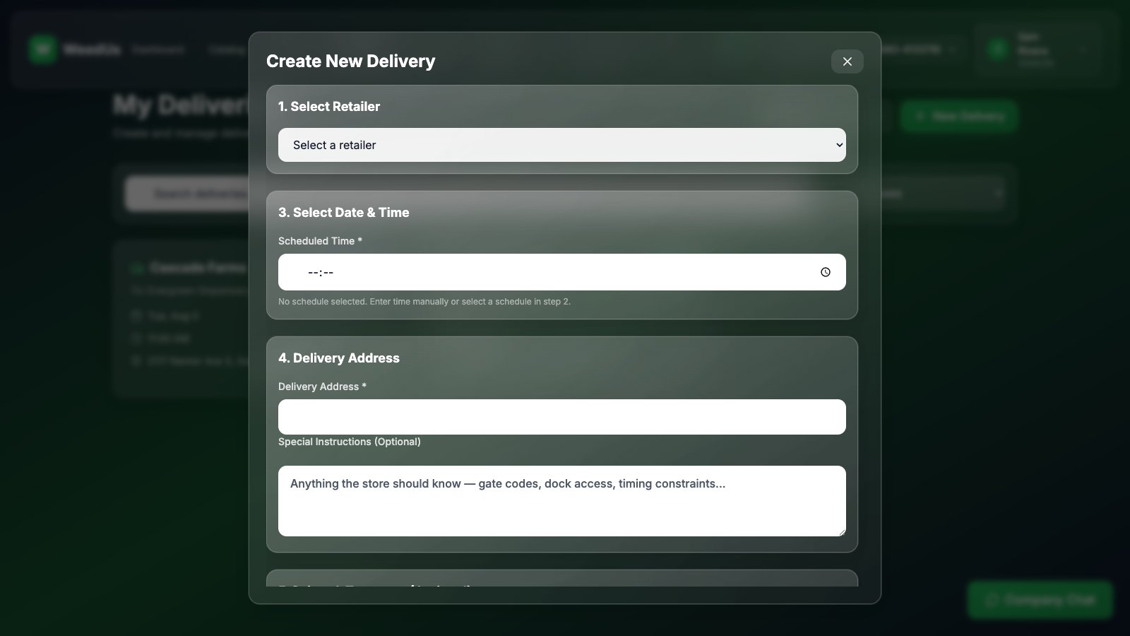 New delivery form, first step