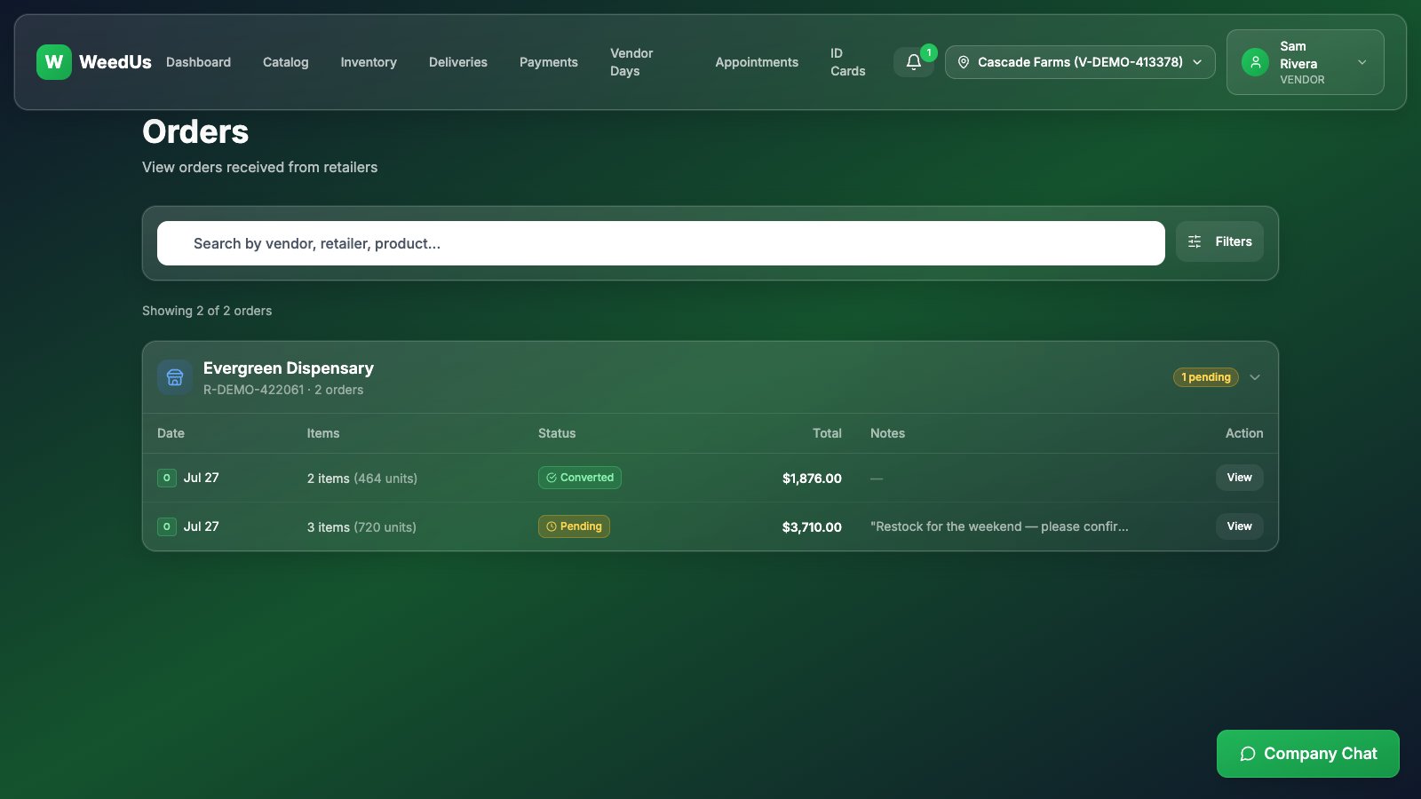 Vendor orders page with incoming order