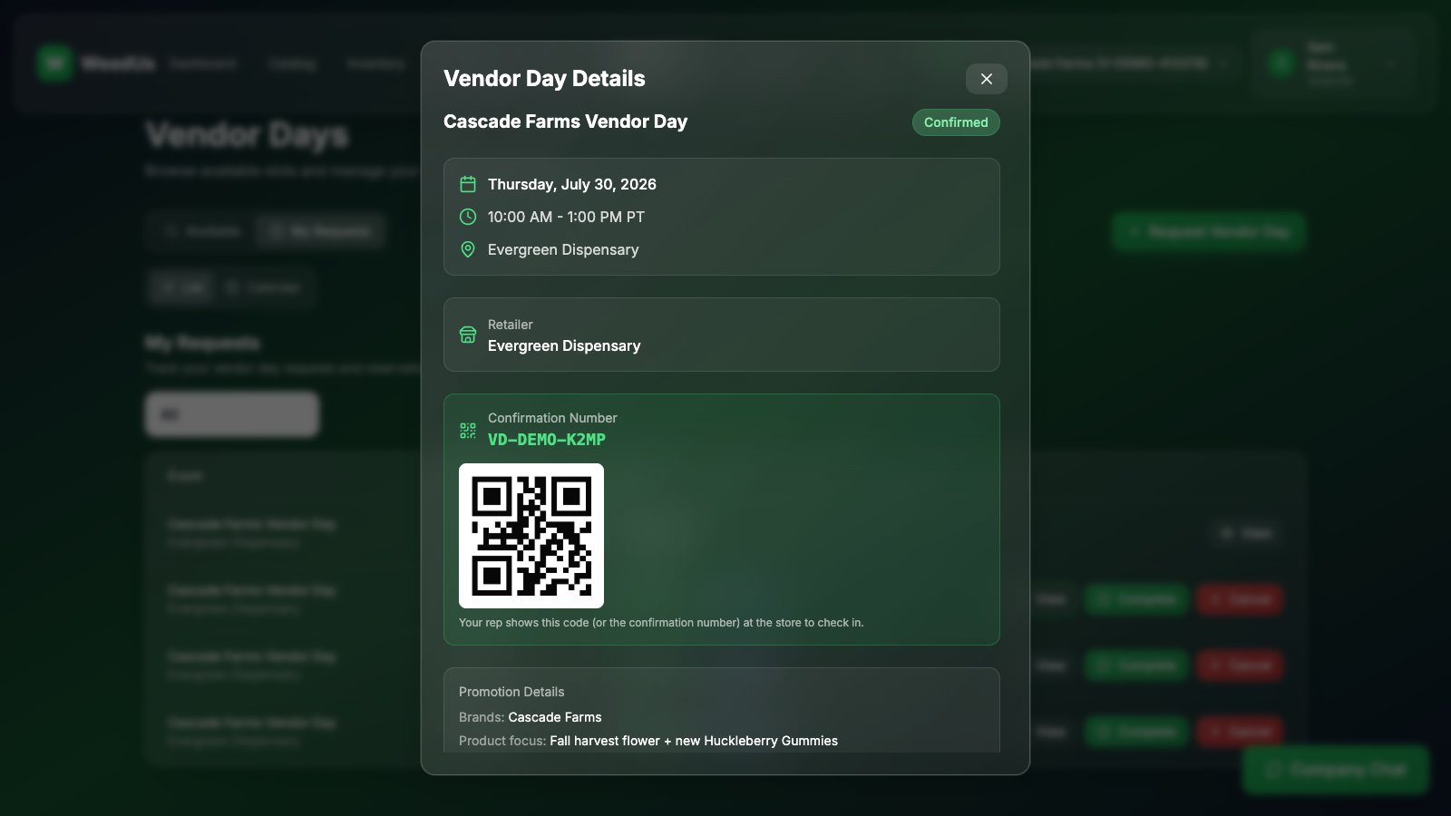 Vendor day details with QR check-in code