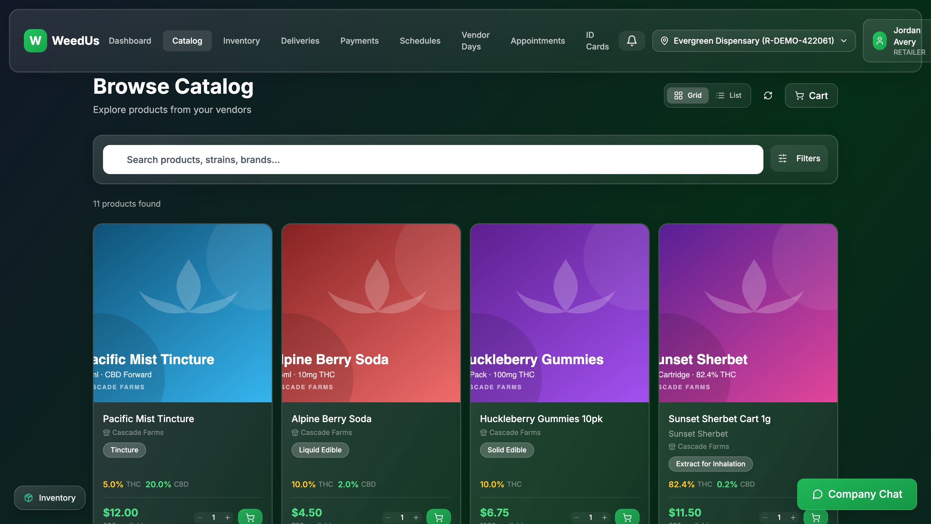 WeedUs retailer catalog with vendor products, potency, pricing, and add-to-cart