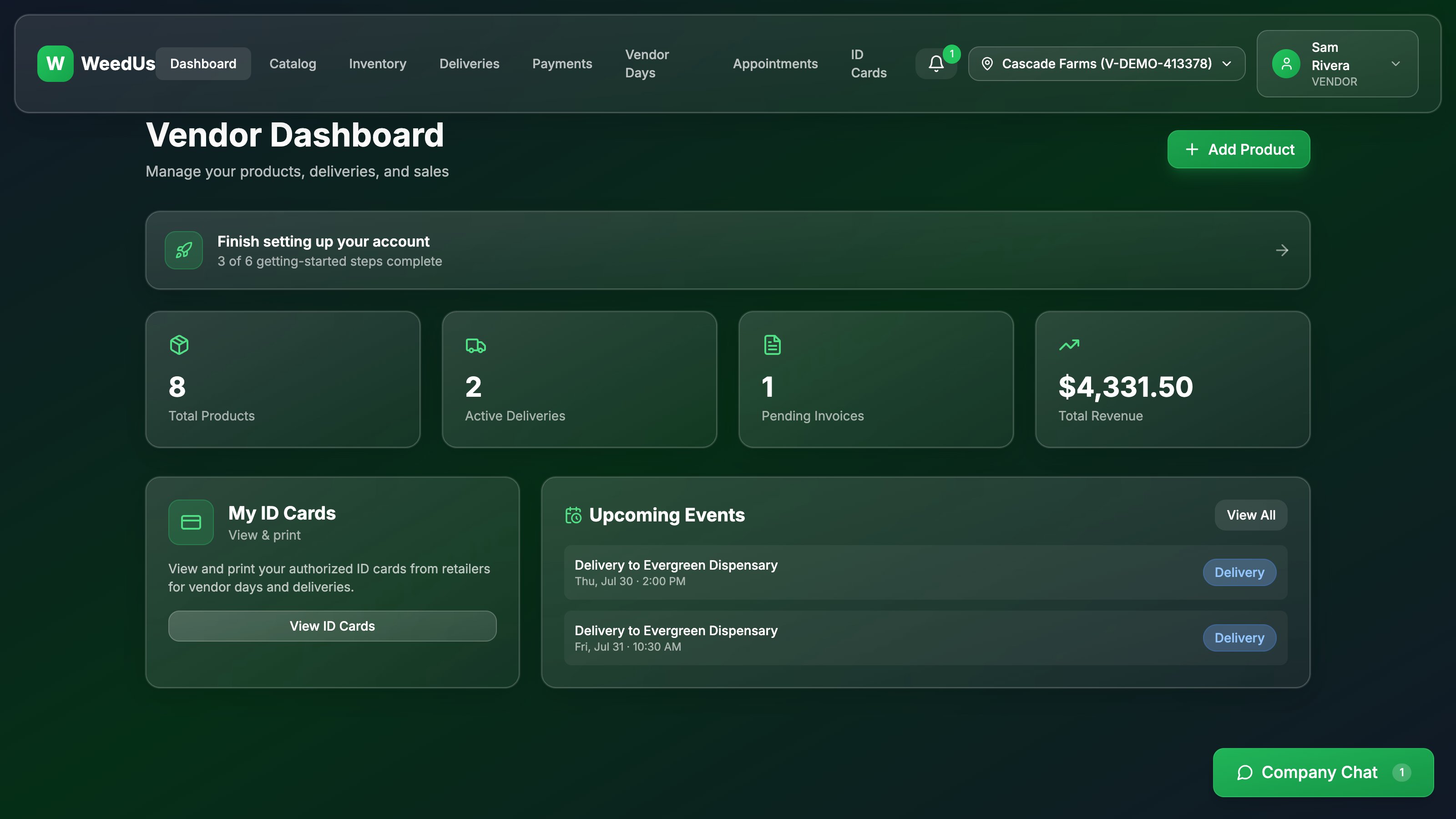 WeedUs vendor dashboard with product, delivery, invoice, and revenue stats
