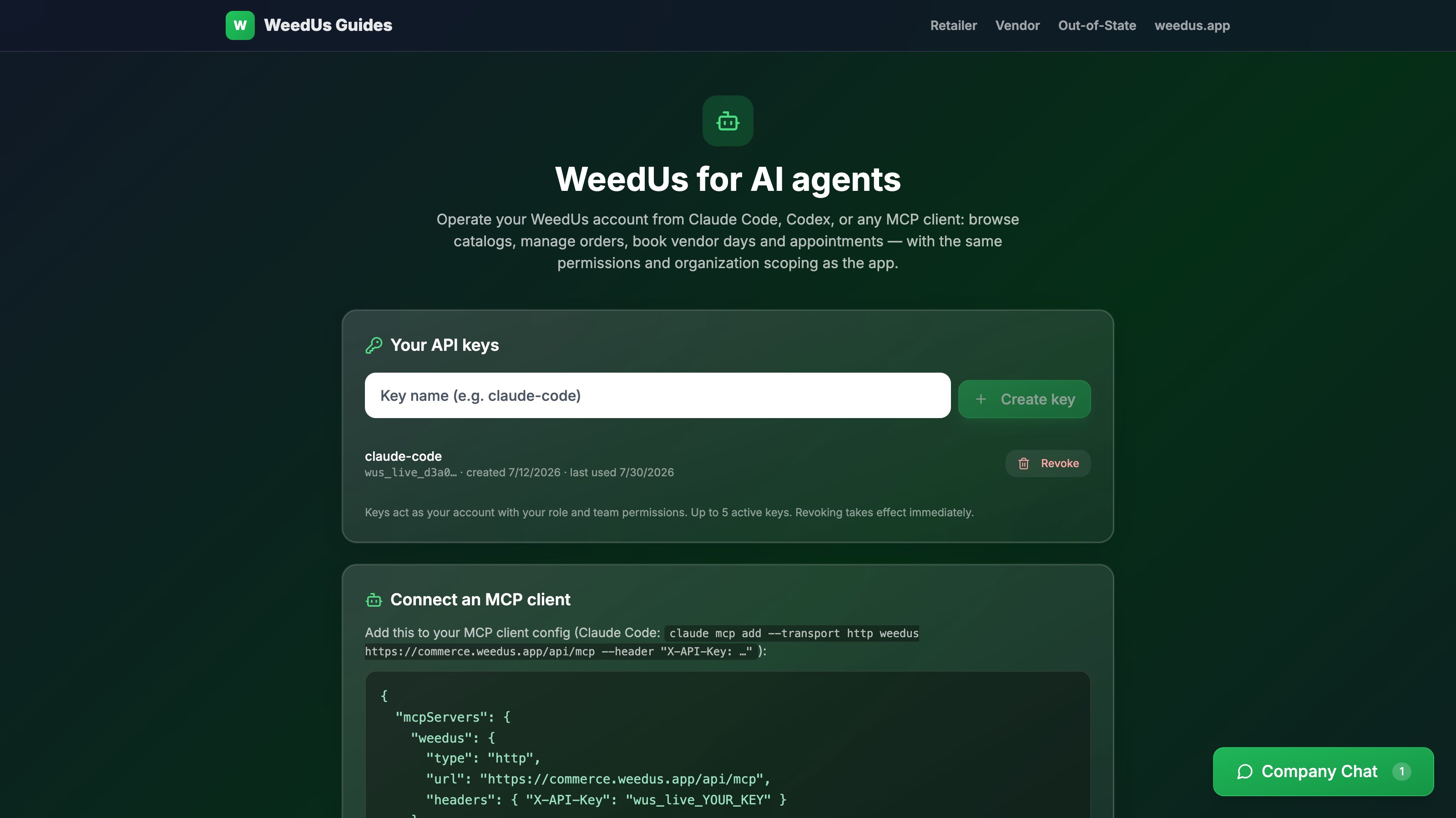 WeedUs developer page with API keys and MCP quickstart for AI agents