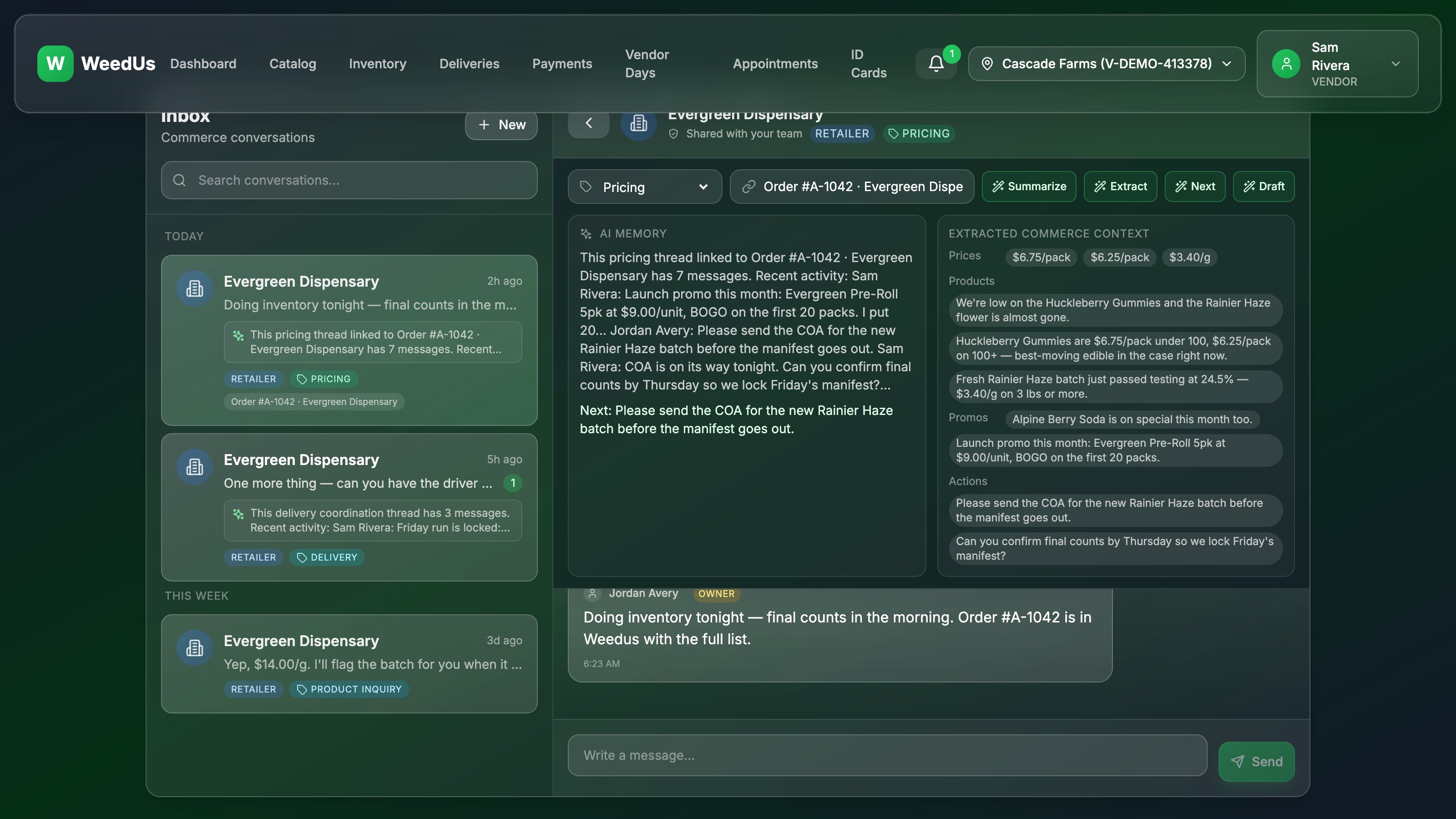 WeedUs commerce inbox with a vendor-retailer thread, AI memory, and extracted commerce context